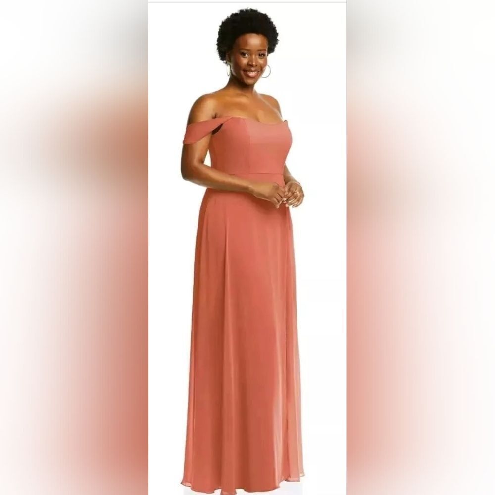After Six 1560 Off-the-Shoulder Maxi Gown in Terracotta Copper NWT sz 10